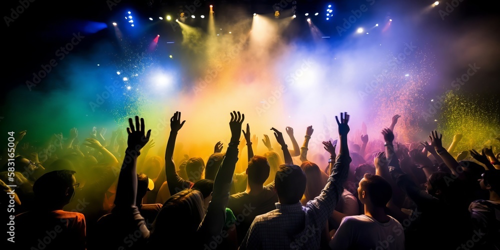 Crowded concert festival with scene stage orange and yellow lights with colorful smoke rock show performance, people silhouette, colourful confetti explosion fired. Generative AI technology	