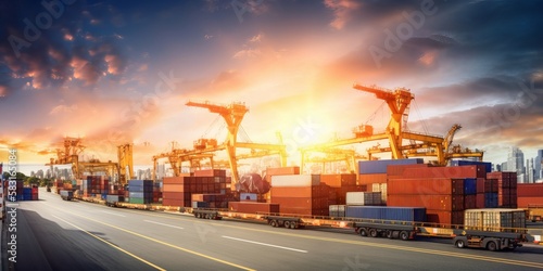 Modern System transportation and logistic import export and transport industry of truck container cargo ship and cargo plane with working crane bridge in shipyard at sunset sky. Generative AI