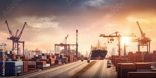 Modern System transportation and logistic import export and transport industry of truck container cargo ship and cargo plane with working crane bridge in shipyard at sunset sky. Generative AI