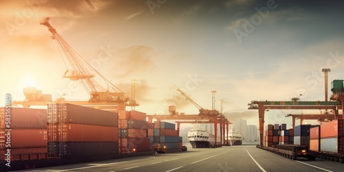 Modern System transportation and logistic import export and transport industry of truck container cargo ship and cargo plane with working crane bridge in shipyard at sunset sky. Generative AI