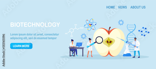 Biology scientists doing research on fruits, vegetables. Genetically modified plants, foods, gmo farming. Gene technology. Bioengineering. People in uniform perform experiment with fruit in laboratory