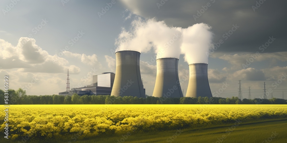 Nuclear power station of cooling towers or nuclear power plant. Generative AI technology