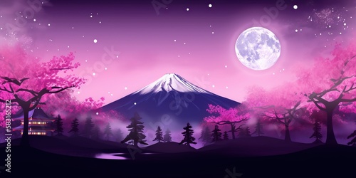 Mount Fuji and cherry blossoms which are viewed from Japan landscape purple and pink sky  some stars and the full moon  tres blossom. Generative AI technology