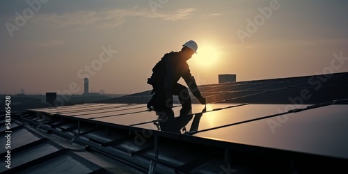 Architect and engineer work to the maintenance of Solar photovoltaic rows array of roof mount system Installation. Producing alternative energy for sustainable development.Generative AI technology.