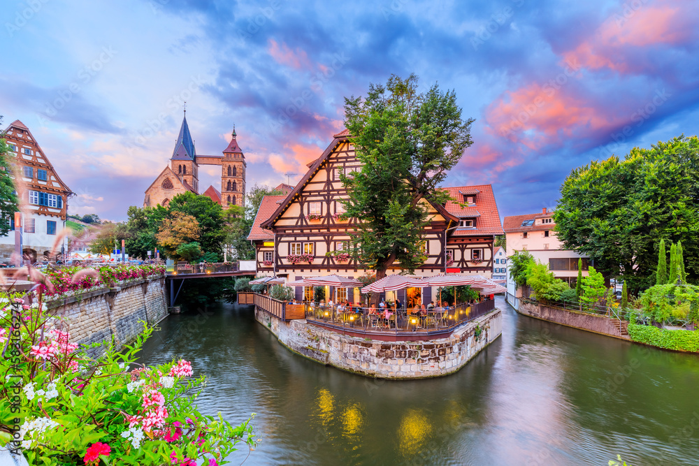 Esslingen am Neckar, Germany. Cityscape of the medieval town and Neckar river at sunset.