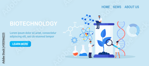 Biotechnology. Engineers growing green sprouts, plants in soil with cultivation equipment in science laboratory. Science experiment, molecular analysis, biological research for medical herb purpose