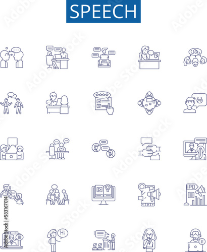Speech line icons signs set. Design collection of Speech, Oral, Address, Oratory, Talk, Lecture, Monologue, Discourse outline concept vector illustrations