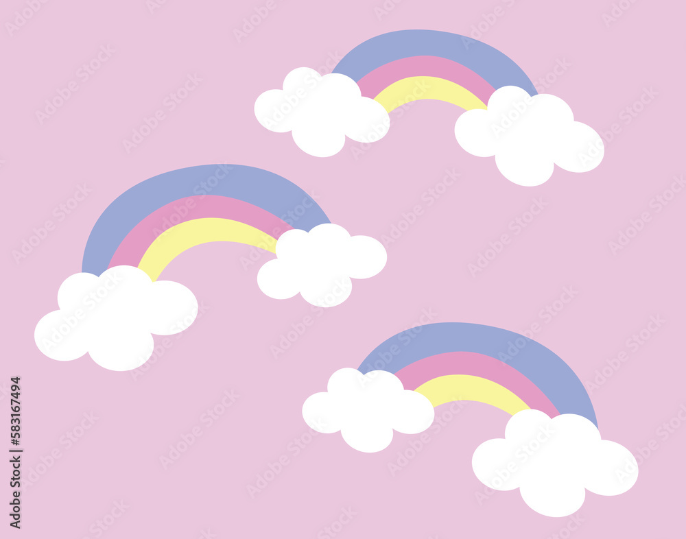 Cute cartoon rainbow with clouds. Hippie Vector illustration