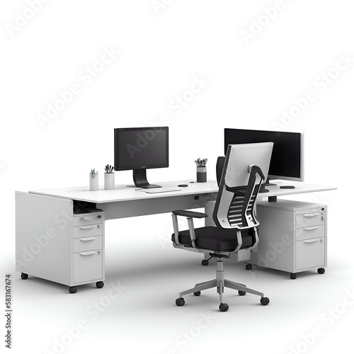 Illustration of office cubicle and workstation isolated on white background. Each unit is supplied with chairs, drawers and some other office accessories.
