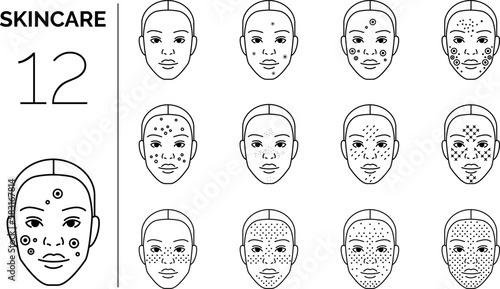 Skincare on woman's face. Set of line art vector icons