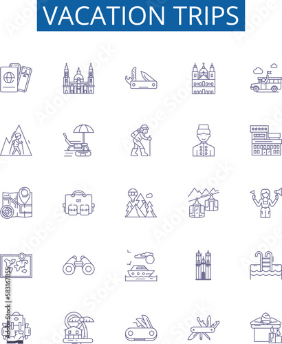 Vacation trips line icons signs set. Design collection of Holiday, Excursions, Travels, Getaways, Retreats, Touring, Journeys, Roaming outline concept vector illustrations
