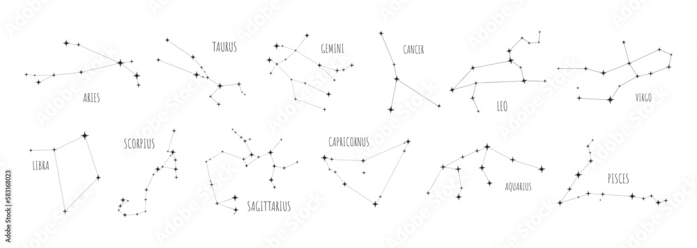Zodiac Constellations collection, 12 signs, Black doodle icon on white Background