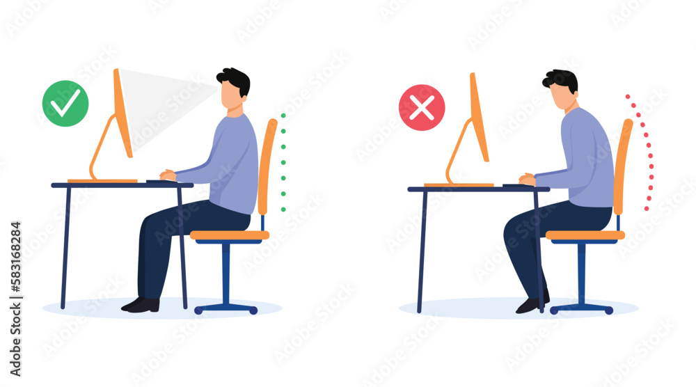 © free_illustration10 - Ergonomics - Man silhouette of correct and incorrect sitting posture when using a computer. Medical infographics with spine sitting correctly on a chair. Vector illustration. © free_illustration10 - Ergonomics - Man silhouette of correct and incorrect sitting posture when using a computer. Medical infographics with spine sitting correctly on a chair. Vector illustration.