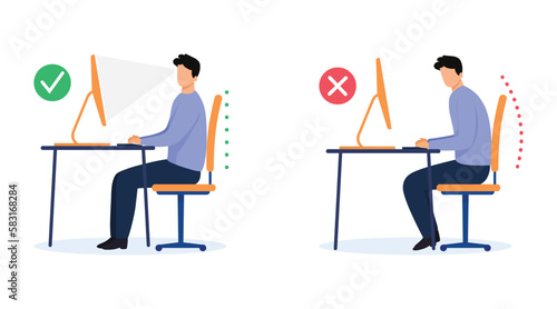 Ergonomics - Man silhouette of correct and incorrect sitting posture when using a computer. Medical infographics with spine sitting correctly on a chair. Vector illustration.