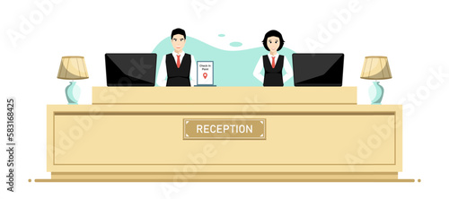 Human receptionist in front of counter desk, Digital marketing illustration.