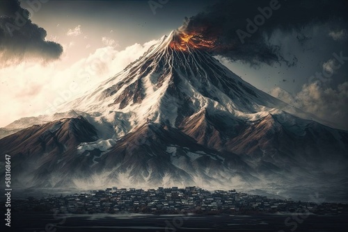 Majestic Mountain View of a Volcano Overlooking a Japanese City in Winter: Generative AI