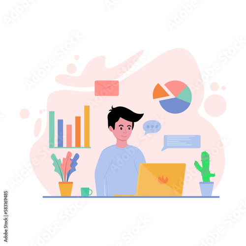 Graphic designer character illustration in front of laptop working