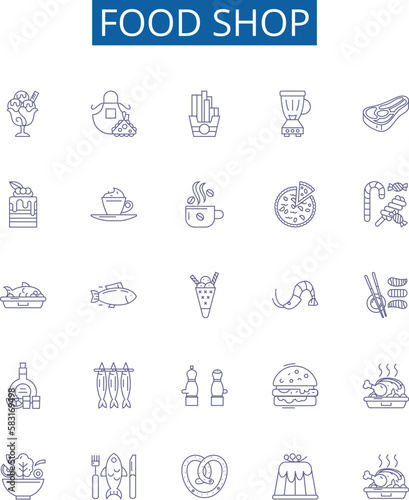 Food shop line icons signs set. Design collection of Takeaway, Delicatessen, Pantry, Grocery, Bistro, Restaurant, Diner, Eatery outline concept vector illustrations