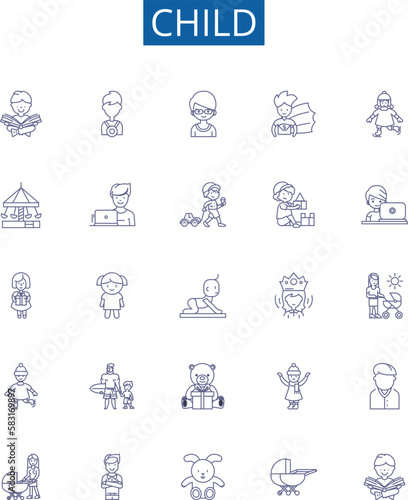 Child line icons signs set. Design collection of Infant, Kid, Toddler, Baby, Youth, Minor, Preschooler, Adolescent outline concept vector illustrations