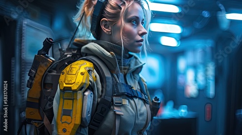 uturistic High-Tech Cyborg Women with Biomechanical Eye and Neon Lights - Perfect for Your Science Fiction and Technology Projects