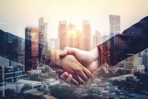 double exposure of a business handshake and cityscape, Generative AI photo