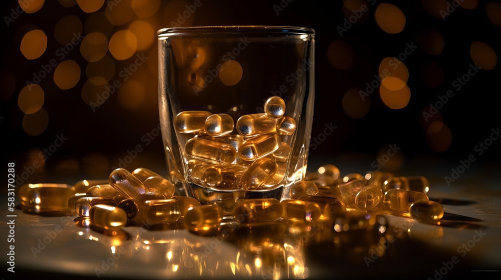 A glass filled with pills on a blurred background Generative AI