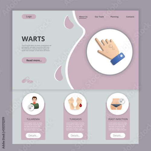 Warts flat landing page website template. Tularemia, tungiasis, yeast infection. Web banner with header, content and footer. Vector illustration.