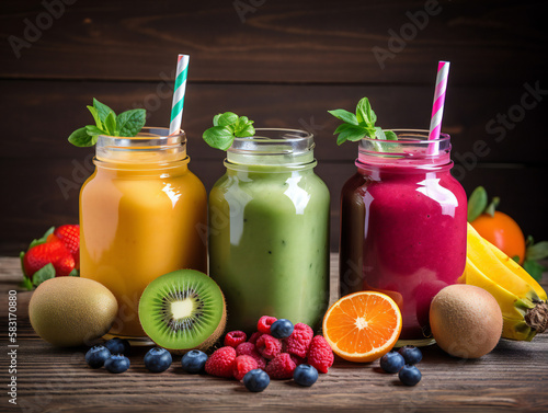 assorted fresh fruit smoothie selection, wholesome and nourishing, supporting a balanced and active life, generative AI