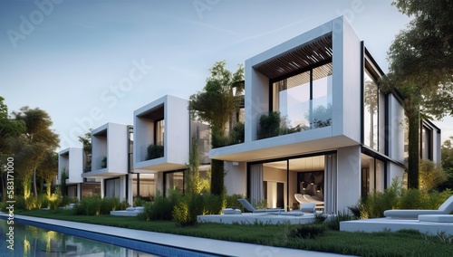 Luxury residential development with pool, generative ai