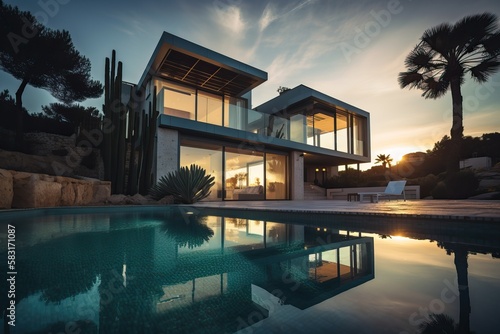 Modern luxury home with pool and garden at blue hour, generative ai © FrankBoston