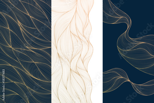 Set of vector collection design elements, labels, frames, wedding invitations, social net stories, packaging, luxury products, perfume, soap, wine, lotion. Wavy line golden backgrounds, patterns.