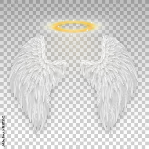 Three dimensional angel white wings and shiny nimbus. Masquerade, festival, carnival costume. Realistic saint aureole (halo) and wings isolated on transparent background. Vector illustrator EPS 10