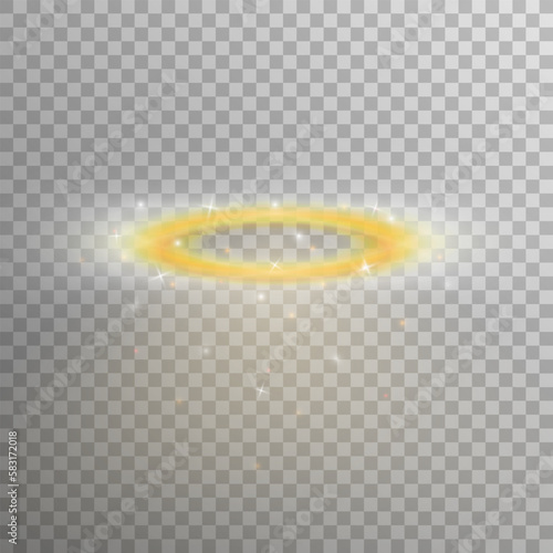 Three dimensional shiny golden nimbus isolated on transparent background. Glossy realistic halo, angel ring, Saint aureole symbol. Vector illustration EPS 10