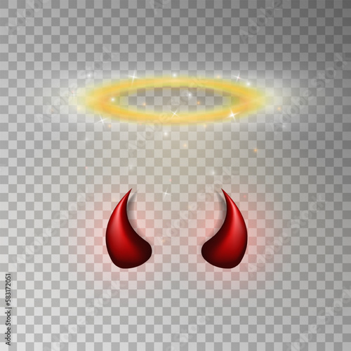 Three dimensional shiny golden nimbus and red devil horns. Glossy daemon horns and halo, angel ring isolated in transparent background. Carnival, masquerade elements. Vector illustration EPS 10