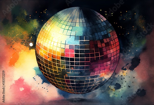 Watercolor Illustration of a Glittering Disco Ball In The Air On Disco Background. Album Cover. Generative AI