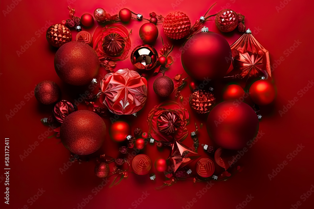 Christmas and Happy New Year decorations on a red background. - Background, holiday, celebration, festive, season. Christmas and Happy New Year decorations on a red background. - Background, holiday, celebration, festive, season.
