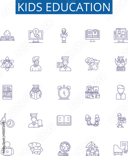 Kids education line icons signs set. Design collection of Childhood, Learning, Teaching, Growth, Developing, Knowledge, Curriculum, Education outline concept vector illustrations