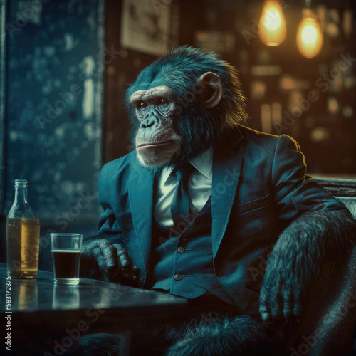 Chimp in a suit drinking a drink, generative ai © Johannes