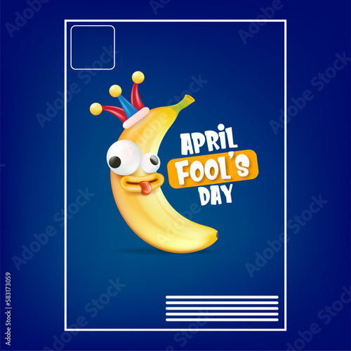 April Fools day funky square banner with silly banana character isolated on blue background. 1 st april fool day banner, poster, label, flyer and greeting card
