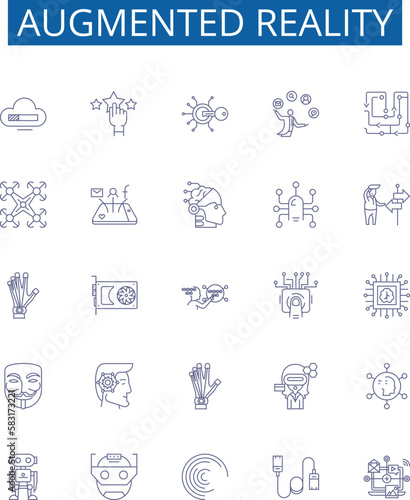 Augmented reality line icons signs set. Design collection of Augmented, Reality, AR, Technology, 3D, Digital, Interactive, Visualization outline concept vector illustrations