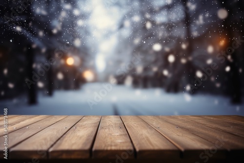 Winter Product Showcase: Empty Wood Tablet for Display in Snowy Background, GENERATIVE AI
