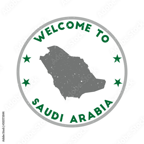 Welcome to Saudi Arabia stamp. Grunge country round stamp with texture in Forestial color theme. Vintage style geometric Saudi Arabia seal. Authentic vector illustration.