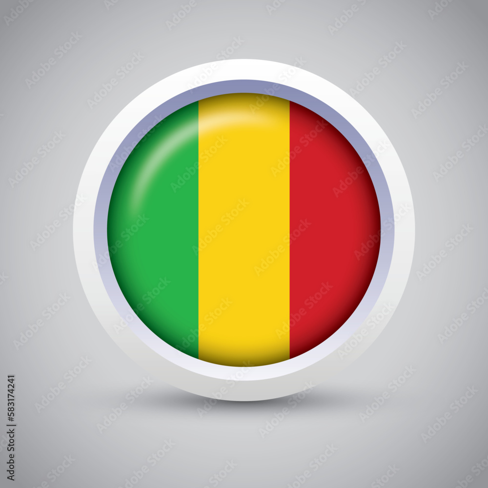 Mali Flag Glossy Button on Gray Background. Vector Round Flat Icon Mali Flag Glossy Button on Gray Background. Vector Round Flat Icon
