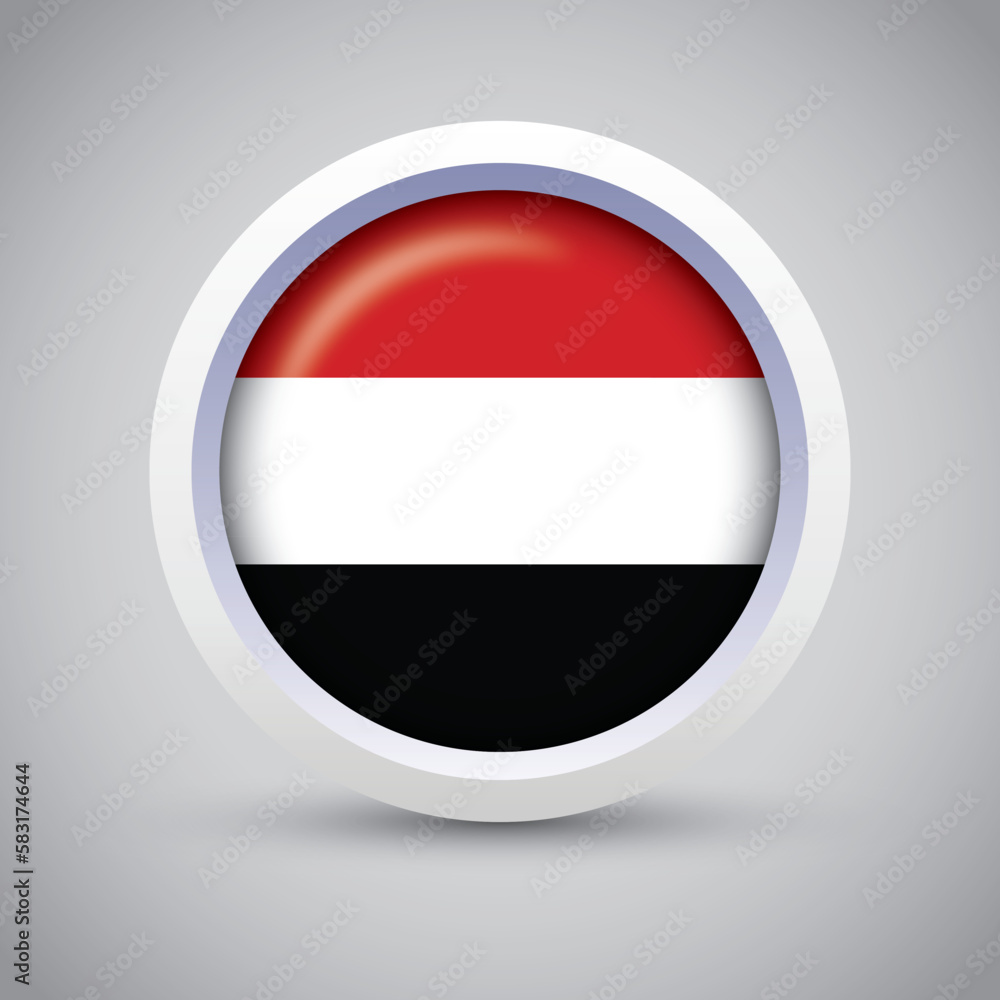Yemen Flag Glossy Button on Gray Background. Vector Round Flat Icon Yemen Flag Glossy Button on Gray Background. Vector Round Flat Icon