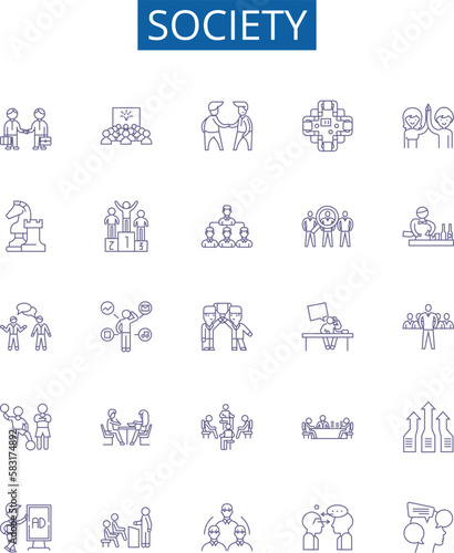 Society line icons signs set. Design collection of Society, community, culture, people, humans, civilization, organization, norms outline concept vector illustrations