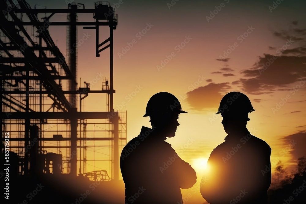Silhouette of Engineer and worker working in project at building site background at sunset in evening time., Generative Ai