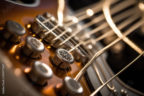 close-up of electric guitar strings, with their twangy and metallic sound, created with generative ai photo