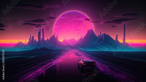 Synthwave landscape with sunset and mountains. Retro 80th. Generative AI