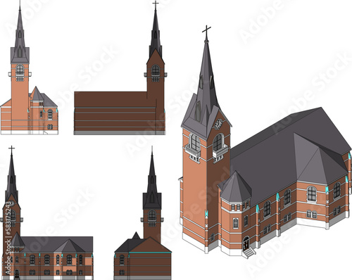 Vector sketch illustration of an ancient church in a village with a towe
