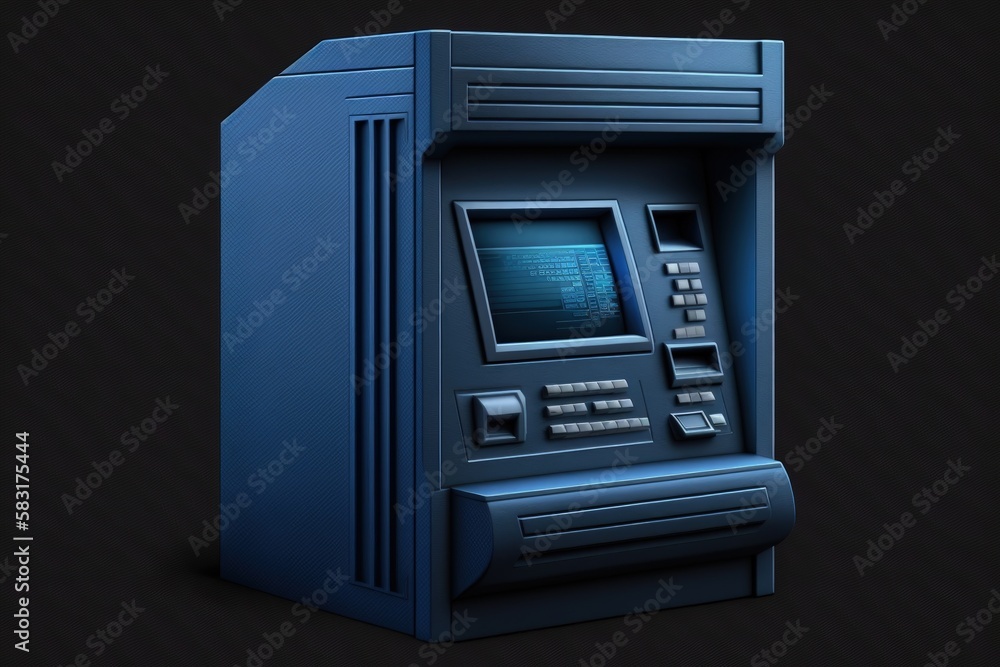 Bank ATM illustration, investment and money saving concept, blue background. Generative AI Bank ATM illustration, investment and money saving concept, blue background. Generative AI